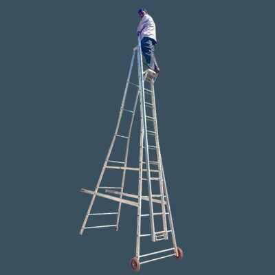 Aluminium self-supporting extension ladder with safety railing and wheels manufactured in Hyderabad for industrial maintenance.