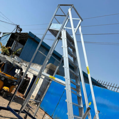 Heavy-duty aluminium statue ladder with wheels for monument and tall structure maintenance in Hyderabad.