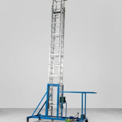 Industrial aluminium tower ladder manufacturer in Hyderabad with safety platform and heavy-duty wheels.