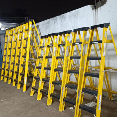 Non-conductive FRP A-type industrial ladder manufactured in Hyderabad for electrical maintenance and high-voltage safety.