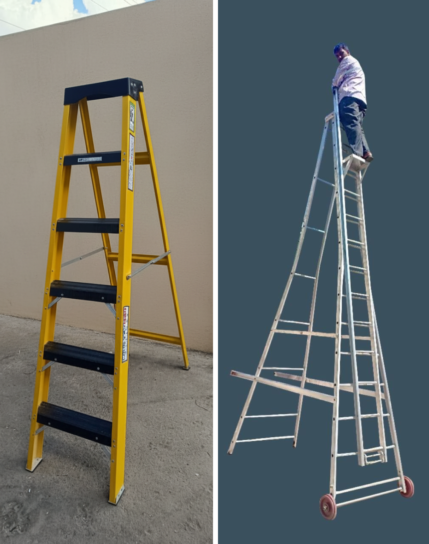 Industrial aluminium scaffolding tower ladder with wheels for warehouse maintenance in Hyderabad